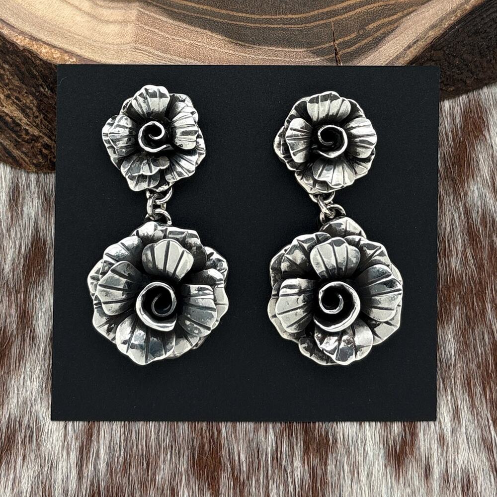 FEDERICO JIMENEZ Sterling Silver Double 3-D Rose Flower Post Earrings Curly Ques